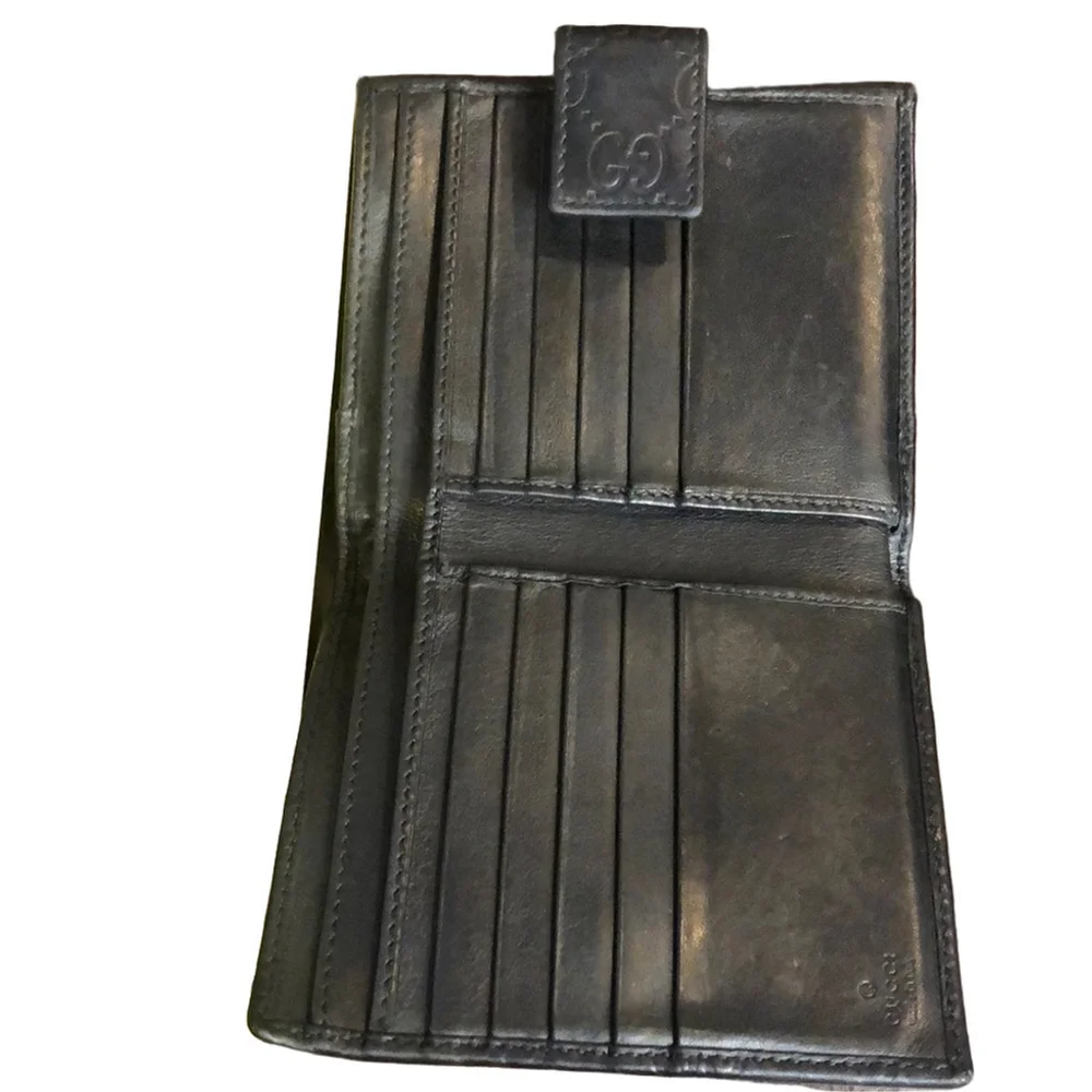 Men GUCCI Black Lambskin GG Guccismo Bifold Wallet With Billfold Coin Section